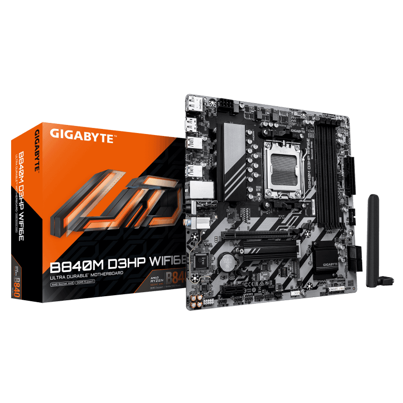 GIGABYTE B840M D3HP WIFI6E. Processor manufacturer: AMD, Processor socket: Socket