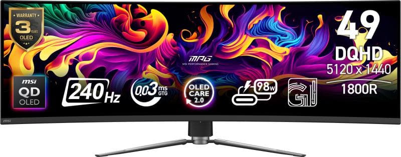 Monitor MSI 49" MPG 491CQPX QD-OLED, Curvature: 1800R, Diagonal (inch):