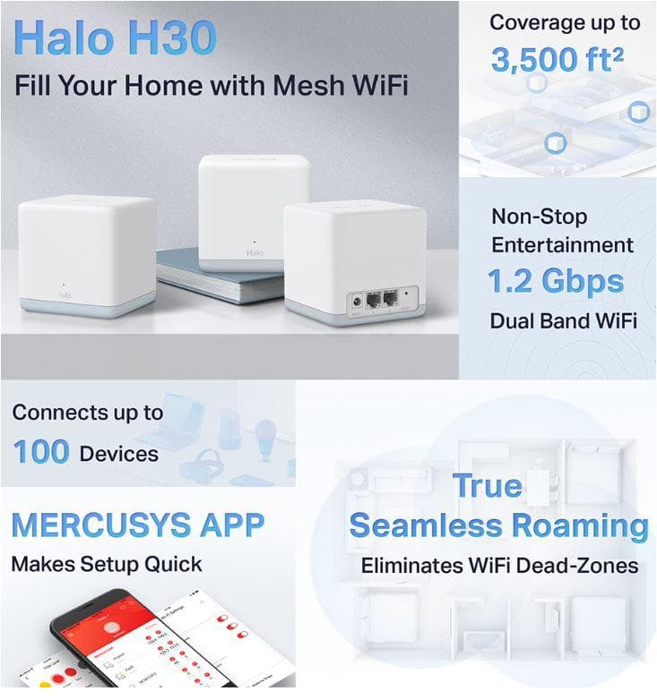 Mercusys AC1200 Whole Home Wi-Fi system HALO H30(3-PACK), Standarde Wireless: - 3