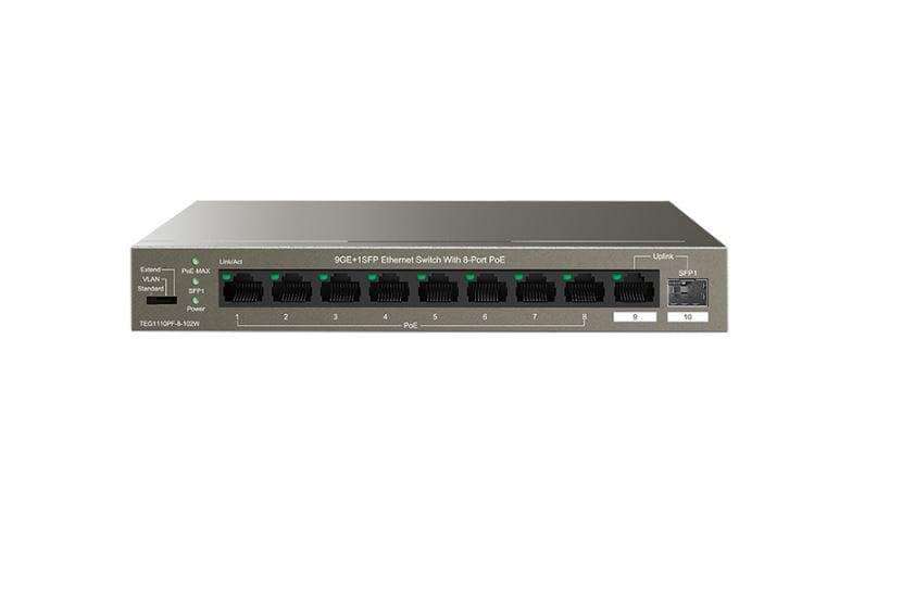Tenda switch TEG1110PF-8-102W, 9GE+1SFP Ethernet Switch, 8-Port PoE, interfata: 8
