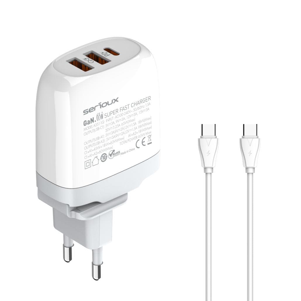 Incarcator retea Serioux 65W GAN QC, Intrare: AC100-240V~ 50/60Hz 1.5A, - 2