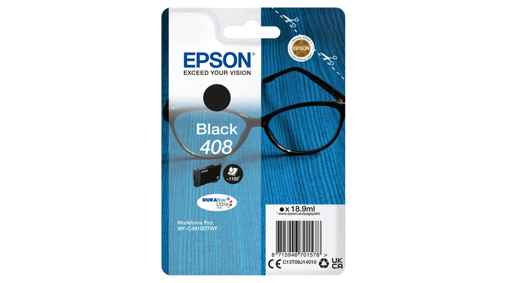 Epson Singlepack Black 408 DURABrite Ultra Ink, 18.9ml, WorkForce Pro
