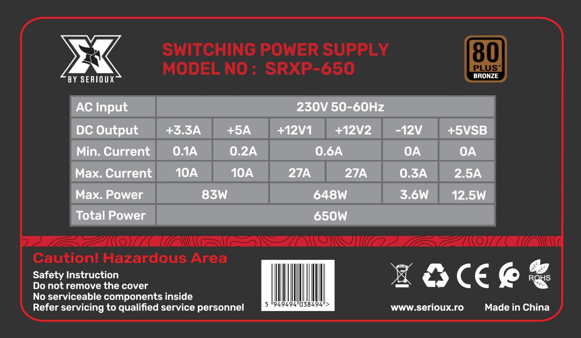 Sursa Serioux Energy 650W, 80+ BRONZE, Ventilator 12cm, ATX, material - 2