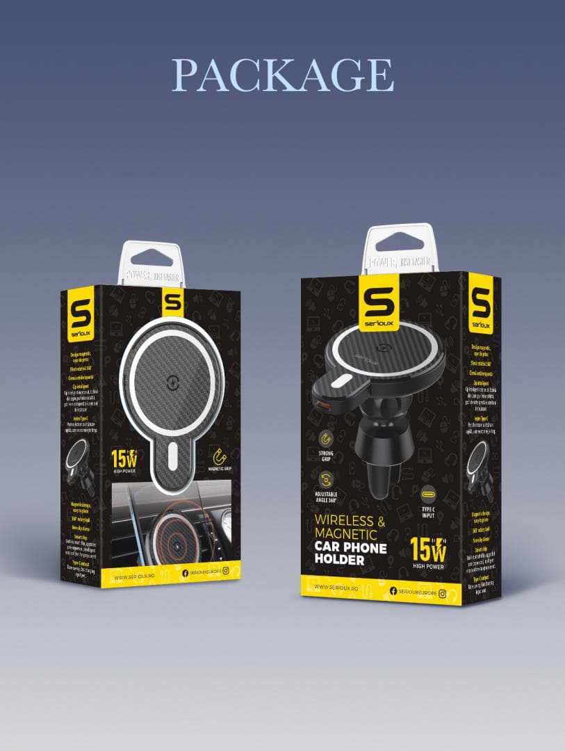 Suport Auto Telefon Serioux, cu incarcare Wireless 15W, compatibil MagSafe, - 15