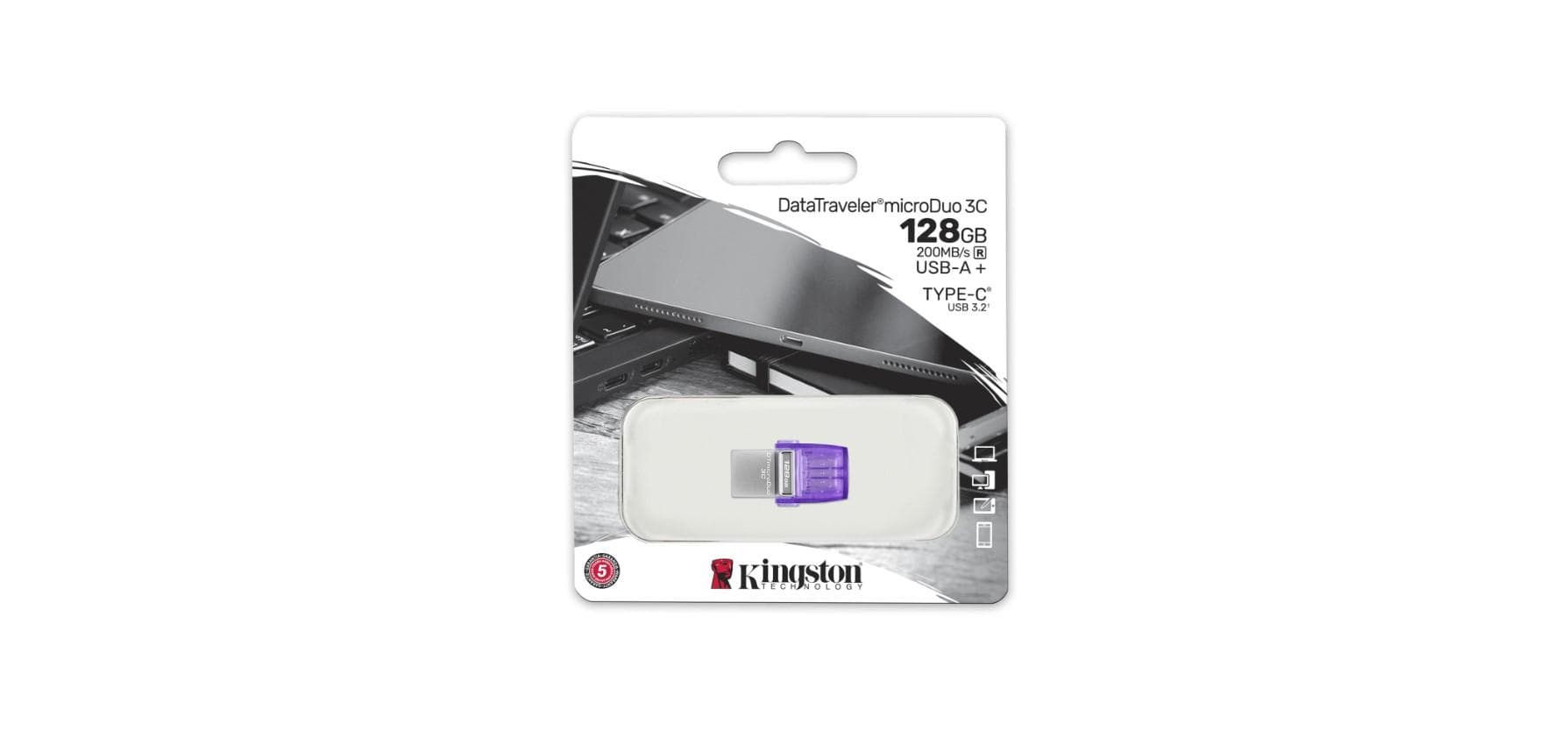 Memorie USB Kingston microDuo 3C 128 GB, USB 3.0, Purpuriu - 3