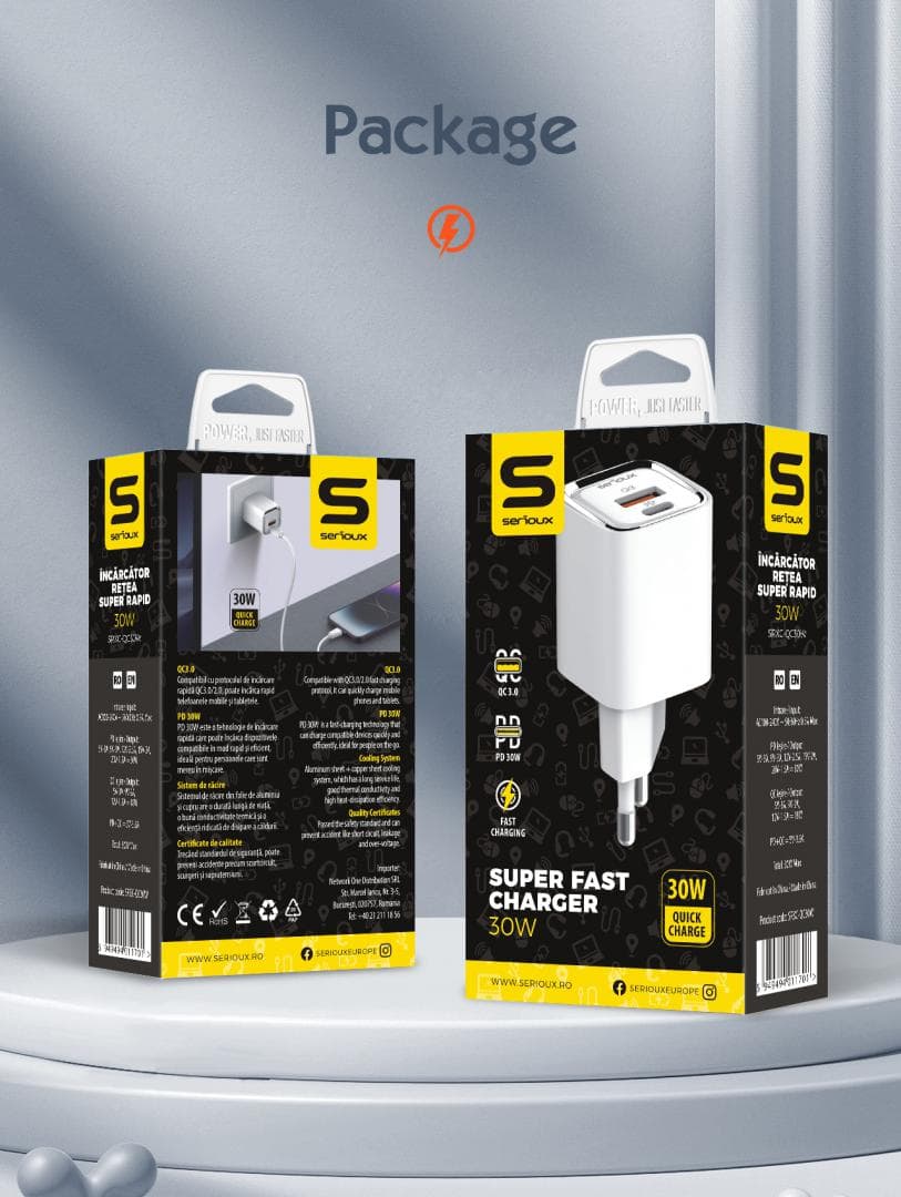 Incarcator retea Serioux 30W Quick Charge, Intrare AC100-240V~ 50/60Hz 0.7A - 15