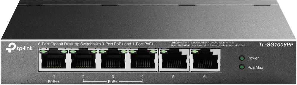 "6-Port Gigabit Desktop Switch with 3-Port PoE+ and 1-Port PoE++