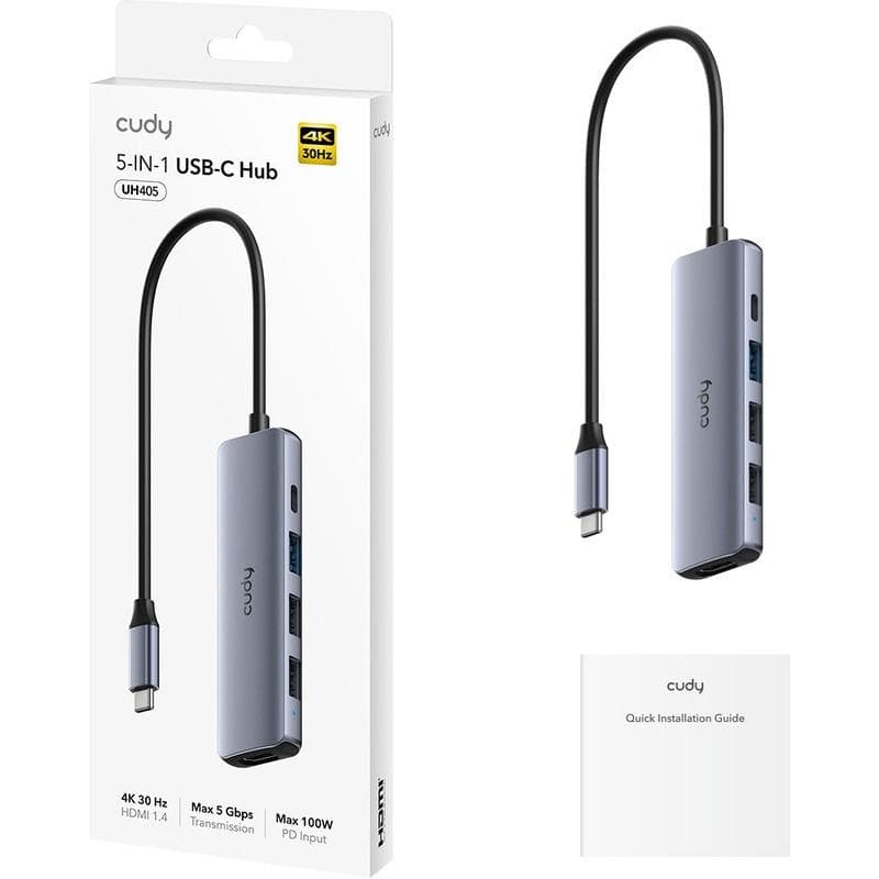 CUDY 5-IN-1 USB Hub, Aluminium housing,1 USB-C 3.0 5Gbps male