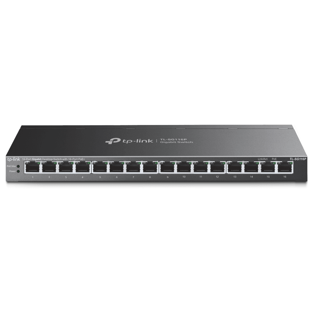 "16-Port Gigabit Desktop Switch with 16-Port PoE+ PORT: 16× Gigabit
