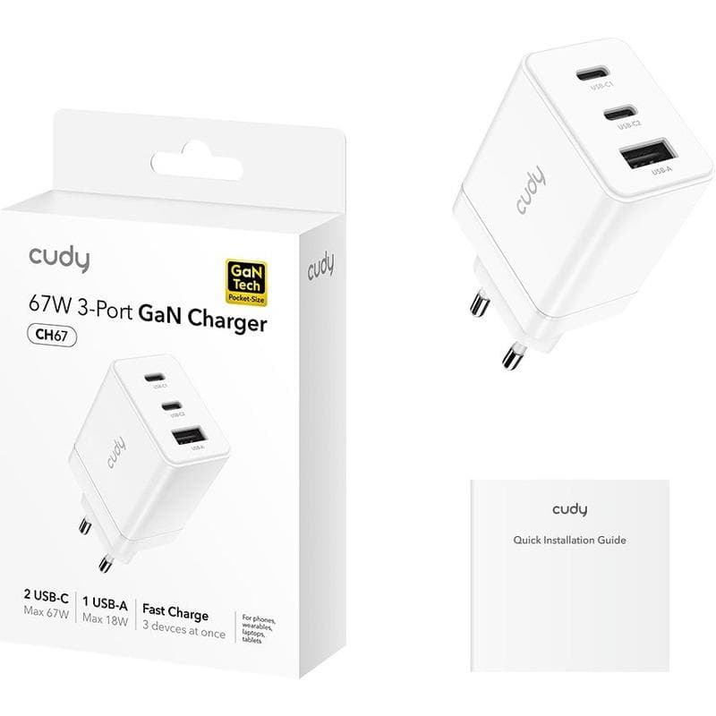 CUDY 3-Port 67W USB-C Charger, GaN, 2 USB-C ports (67W