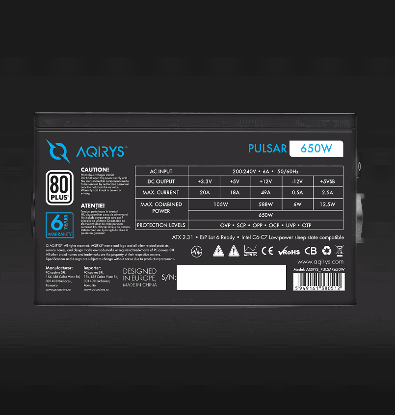 Sursa Aqirys Pulsar, 80+ White, RGB, 650W - 4
