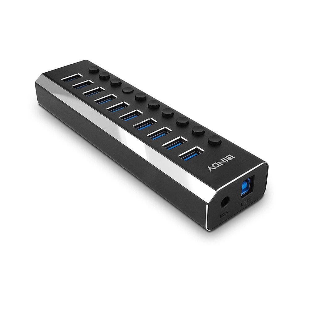 Hub Lindy cu 10 porturi USB, cu buton On/Off, - 2