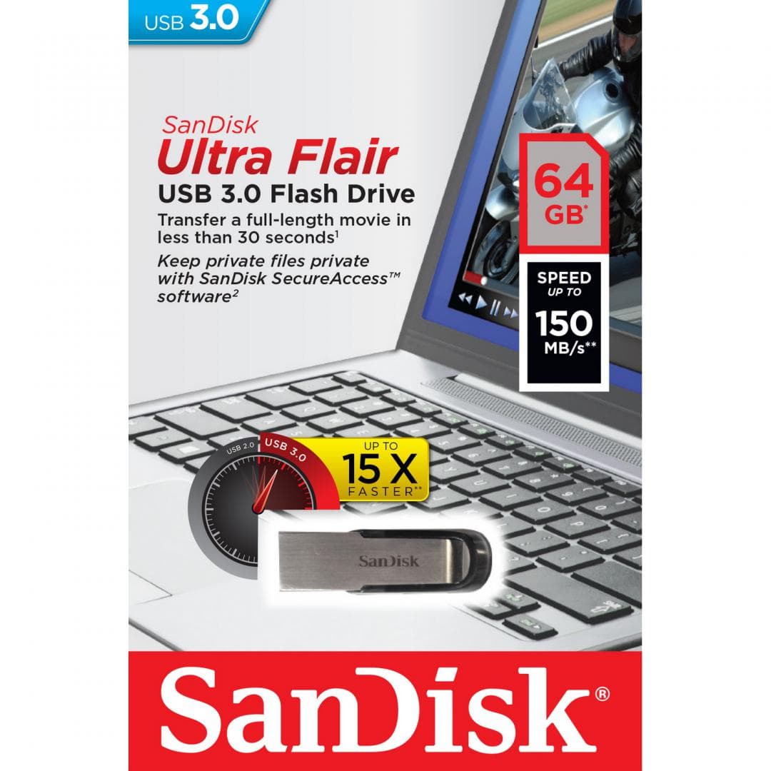 Memorie USB SanDisk Ultra Flair 64 GB, USB 3.0, Negru - 2