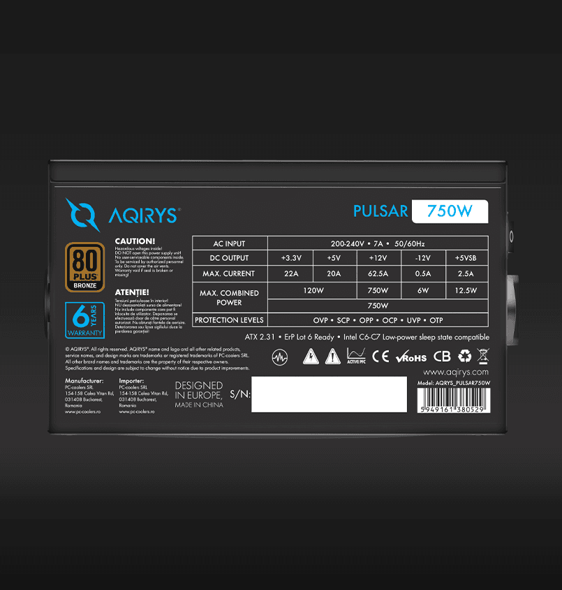 Sursa Aqirys Pulsar, 80+ White, RGB, 750W - 6