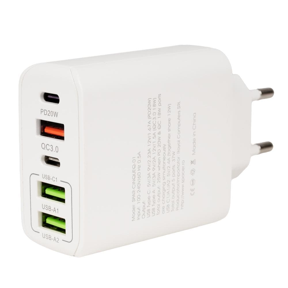 Incarcator retea Spacer QC 38W, 5 x porturi: USB Type-C - 2