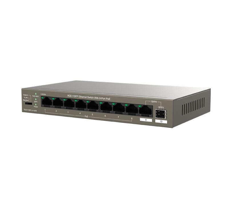 Tenda switch TEG1110PF-8-102W, 9GE+1SFP Ethernet Switch, 8-Port PoE, interfata: 8 - 2