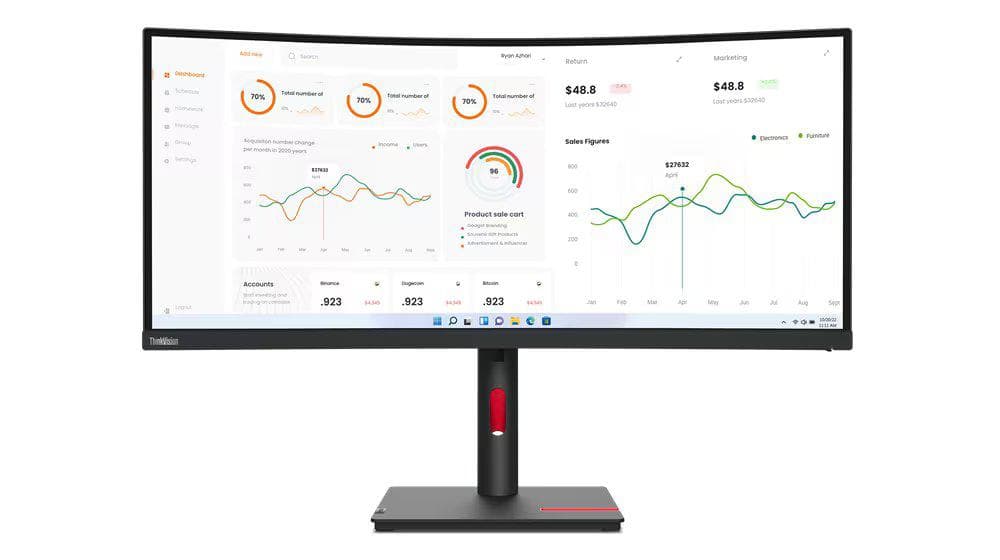 Monitor Lenovo ThinkVision T34w-30, 34" (3440x1440) WLED, Anti-glare, Curvature: 1500R,
