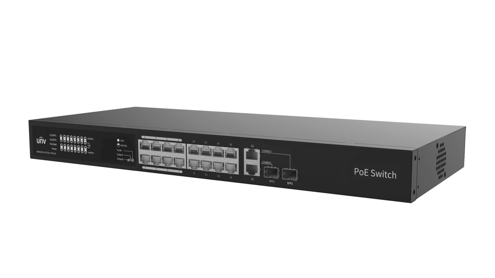 Switch Uniview NSW2020-16T2GC-POE-IN; Porturi:16×100Mbps PoE ports (RJ45) +2×1000Mbps Combo ports;