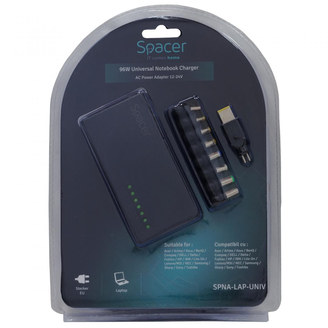 Incarcator laptop universal Spacer 96W, 9 tipuri de mufe, voltaj - 6