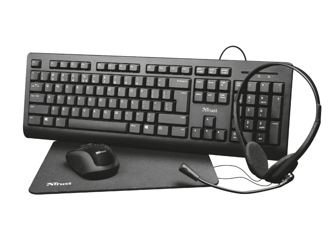 Kit office Trust Primo 4-in-1, contine tastatura, mouse wireless, casti