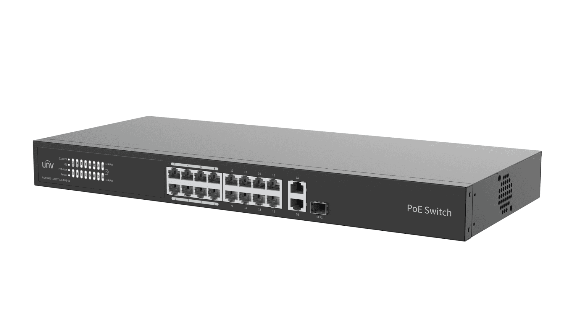 Switch Uniview NSW3000-16T1GT1GC-POE-IN; Porturi:16 x 10/100Mbps POE port (RJ45) +