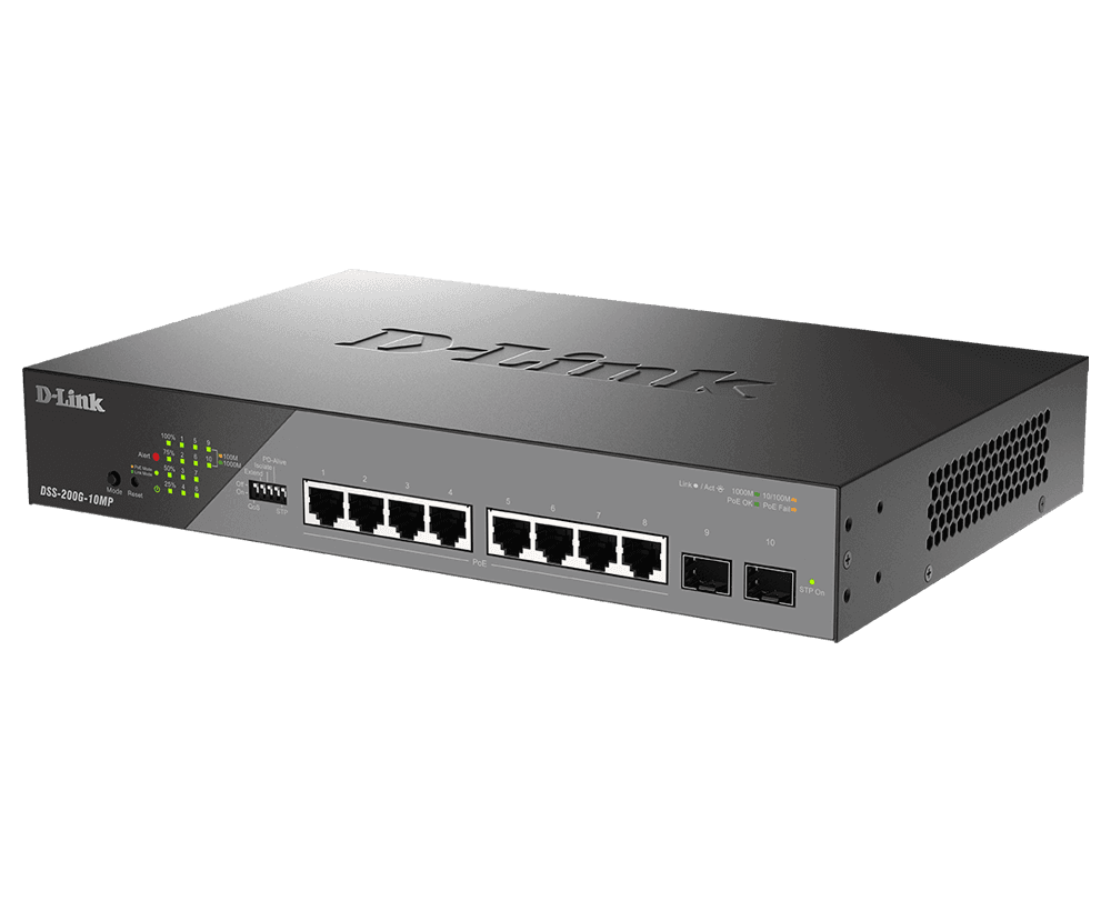 D-Link Switch DSS-200G-10MP, 8 porturi Gigabit POE, 2X SFP 1000Mbps,