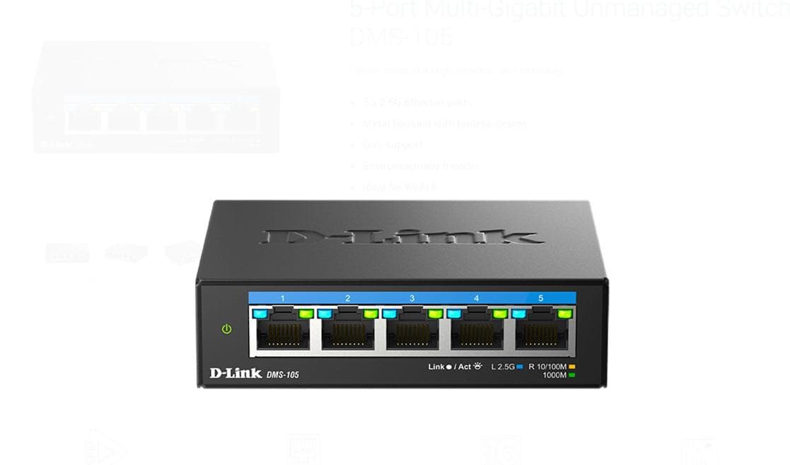 D-LINK DMS-105 UNMANAGED SWITCH 5 PORT, Interfata: 5 x 10/100Mbps/1G/2.5G, - 2