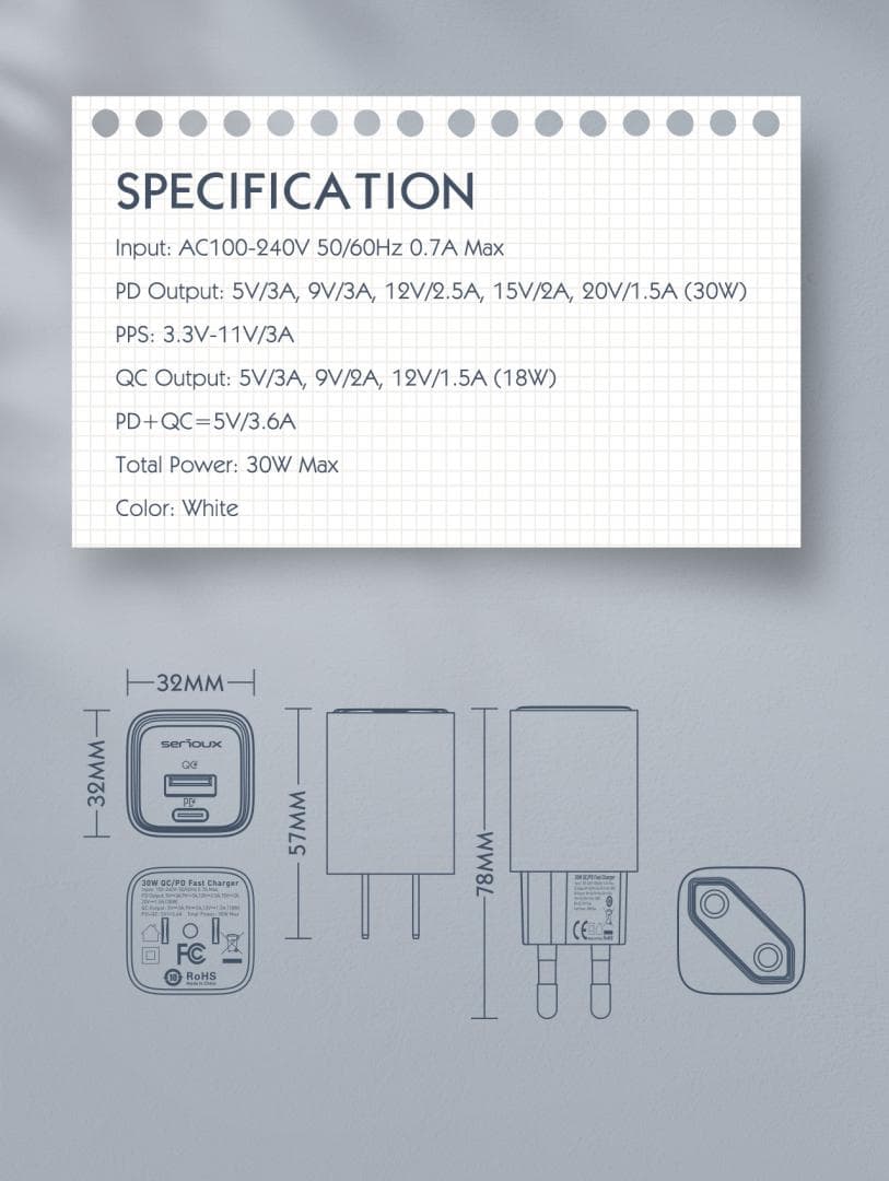 Incarcator retea Serioux 30W Quick Charge, Intrare AC100-240V~ 50/60Hz 0.7A - 14