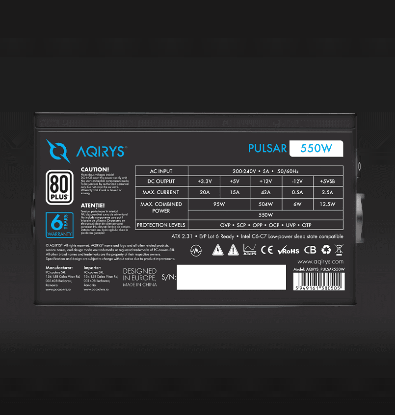 Sursa Aqirys Pulsar, 80 PLUS White, RGB, 550 W - 4
