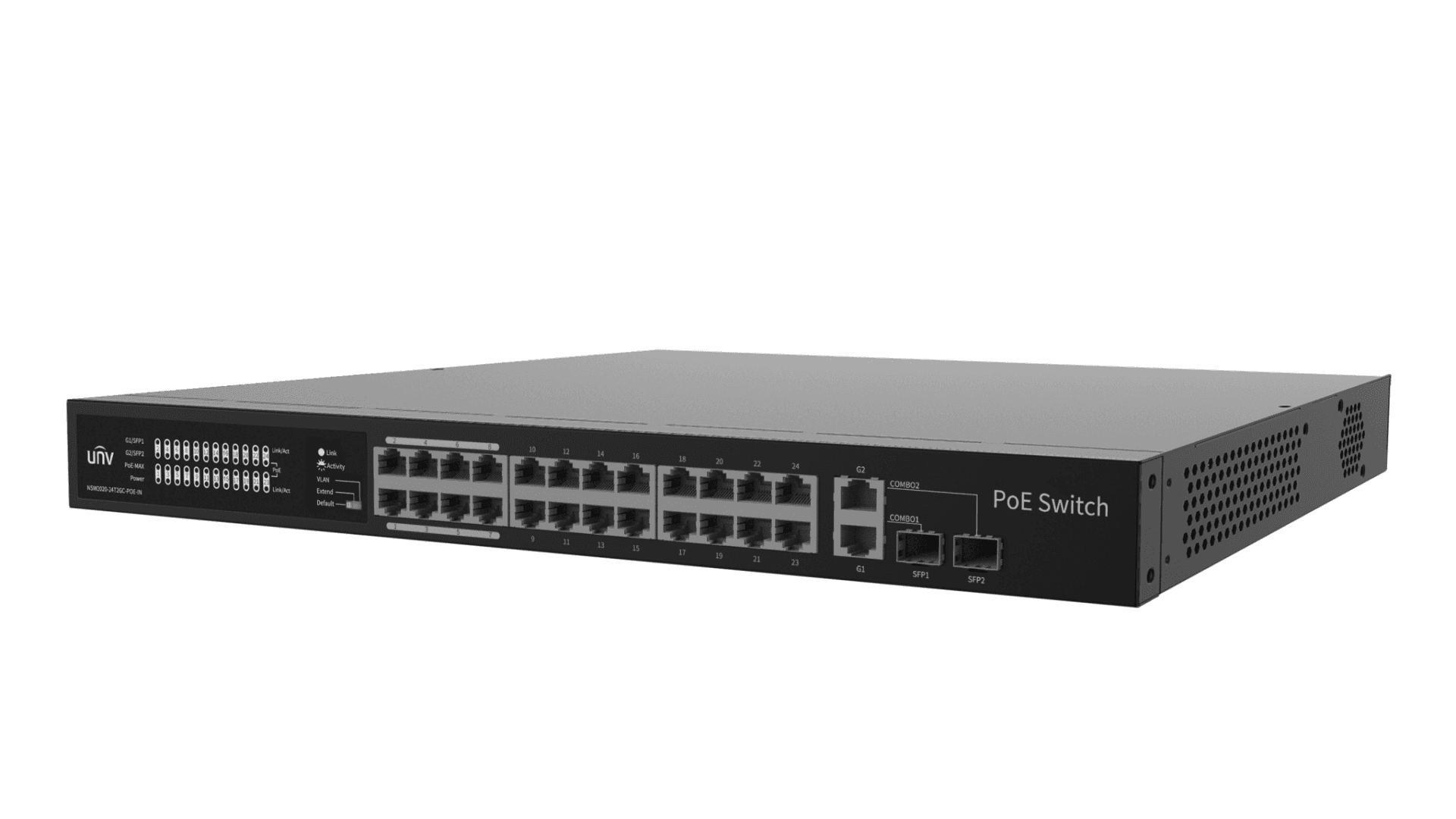 Switch Uniview NSW2020-24T2GC-POE-IN; Porturi:24×100Mbps PoE ports (RJ45) + 2×1000Mbps Combo